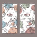 Set of two labels with prunus dulcis aka almond and Anacardium occidentale aka cashew sketch. Culinary nuts series.