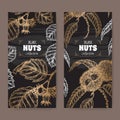 Set of two labels with sweet chestnut and common hazel branch and nuts sketch on black. Culinary nuts series.