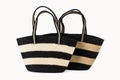 Set Of Two Large Natural Plant Fibre Jute Burlap Bags Eco-Friendly & Reusable In Natural Color & Black With Handles Isolated On W