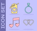 Set Two Linked Hearts, Heart tag, Music note, tone with hearts and Diamond engagement ring icon. Vector Royalty Free Stock Photo