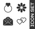 Set Two Linked Hearts, Wedding rings, Envelope with 8 March and Flower icon. Vector. Royalty Free Stock Photo