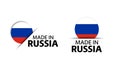 Set of two modern vector Russian stickers. Made in Russia. Simple icons with Russian flags