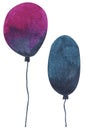 Set of two oval balloons gradient pink and indigo color birthday party. Hand drawn watercolour painting on white background clip