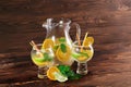 Exotic lemonade with mint and oranges. Big party glasses on a table background. Fresh cocktails at the bar. Copy space. Royalty Free Stock Photo