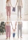 Set of two pictures. Young couple hold pants for small baby. Pregnant woman waiting for birth. Couple goal. Second