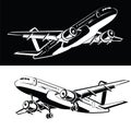 Set of two the plane is landing and takeoff gear, on a white and black background Airplane icon in a monochrome style