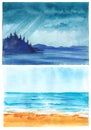 Set of two postcard background of seascape. Sunny day on the beach? rain in on the island lake. Royalty Free Stock Photo