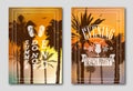 Set of two posters, silhouettes of palm trees against the sky. Logo made of beach slippers, birds