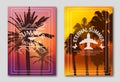 Set of two posters, silhouettes of palm trees against the sky. Logo from the plane and butterflies.