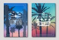 Set of two posters, silhouettes of palm trees against the sky. Logo from the plane, clouds, butterflies