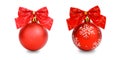 Set of Two Red Christmas ball and ribbon isolated on white