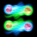 Set of two red dices in blue and green fire. Royalty Free Stock Photo