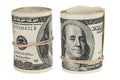 Set of two rolls of hundred us dollars standing up and isolated on white background Royalty Free Stock Photo