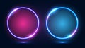A set of two round neon frames with shining effects and highlights on a dark background. Royalty Free Stock Photo