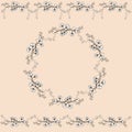 Set of two seamless horizontal ornaments and vintage openwork wreath. Openwork black and white handmade vector isolated drawing.