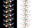 Set of two seamless vertical floral borders isolated on black and white backgrounds. Roses and bell flowers. Beautiful design Royalty Free Stock Photo