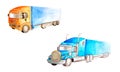 Set two semi trucks lorry of different colors, truck models and designs on a white background isolated in watercolor