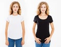 Set two woman in white and black t shirt isolated on white background, template,mock up,back views Royalty Free Stock Photo