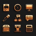 Set Two sitting men talking, Stage stand, Calculator, Speech bubbles with Question, Calendar, Microphone, Computer
