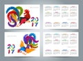 Set of two small calendar templates with colorful roosters. Lettering 2017 made of feathers.