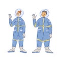 set of two smiling and waving astronauts of different genders in space suits, isolated on white