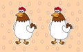 Set of two stickers of farm hens white and brown color on eggs background - vector