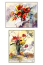 Set of two still lives colorful flowers in vase. Watercolor pa Royalty Free Stock Photo