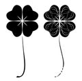 Set of two stylized images of black four-leaf clover with ethnic pattern