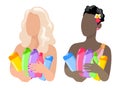 Set of two templates of faceless girls with cosmetics in their hands