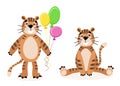Set of two tigers sitting, standing and smiling in flat style in color on white background for new year calendar 2022, t-shirt Royalty Free Stock Photo