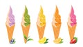 Set of Two tone Soft serve ice cream in a wafer style cone with fruit on white background Royalty Free Stock Photo