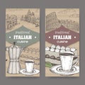 Two Italian cuisine labels with Venice and Rome landscape, color tiramisu dessert, coffee cup and pot on cardboard.