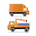 Set of two trucks, a truck for transporting goods and a machine with a winch, manipulator. Vector illustration in cartoon style