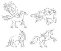 Mythical horses in contours - vector illustration