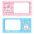 A set of two vector background Birthday card for child. Blue cute bunny boy and pink girl on a background with a checkered texture