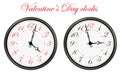 Set of two vector clocks designed for Valentine`s Day application. Hearts on clock face and clock hands as a love symbols. Vector