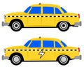 Set of two vector illustrations of American yellow old-fashioned cabs in classic and eco-friendly electric version