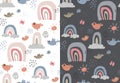 Set of two vector seamless patterns with rainbow, birds, clouds, sun, raindrop. Childish texture for fabric, textile.