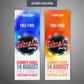 Set of two vertical music party flyers with color graphic elements and text. Vector illustration.