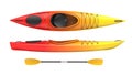 Set of two views plastic kayak yellow-red fire color withe oar. 3D render, isolated on white background. Royalty Free Stock Photo