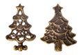 Set of two vintage brassy metal Christmas trees isolated on white background