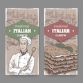 Two vintahe labels with cook, Ilalian patio and lasagna.