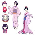 Set of two Young women in traditional Japanese kimono and tradit Royalty Free Stock Photo