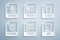 Set TXT file document, CSS, HTML, JS, PDF and OGG icon. Vector Royalty Free Stock Photo