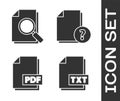 Set TXT file document, Document with search, PDF file document and Unknown document icon. Vector.