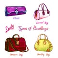 Set types of handbags lady: clutch, barrel, doctors and bowling bag