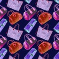 Set types of handbags lady: clutch, barrel, tote and bowling bag, bright pink, red, blue, purple colors palette