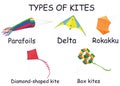 Set of types of kites with names isolated on white background. multi-colored kites Royalty Free Stock Photo