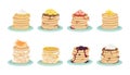 Set of 8 types of pancakes. A stack of fried pancakes on the plate. Delicious breakfast. Cartoon vector illustration