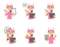 A set of 6 types of upper body of a woman wearing a pink polo shirt and hat with a magnifying glass and documents Royalty Free Stock Photo